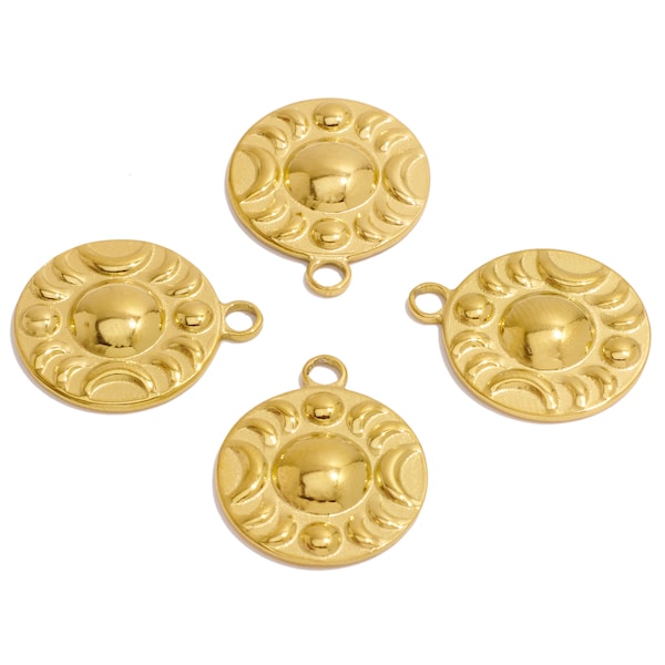 Steel Round Charms, Textured Circle Celestial Crescent Charms, Stainless Steel Round Pendant, For Necklace, Gold Tone Plated, Jewelry VK1867