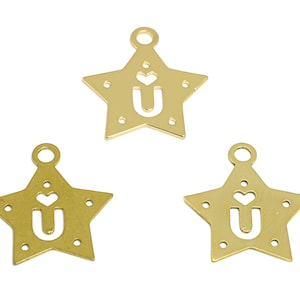Pendiente "Love U" de latón crudo de 2 piezas, dijes de pendientes de corazón en estrella, colgante de letra de amor hueca U, encanto de estrella de burbuja, suministros de joyería BW4195