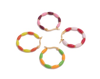 Steel Open Round Hinged Back Earring, Circle Colorful Enamel Thick Earring Hoop Clasp, Stainless Steel Circle Earrings, Gold Tone Plating