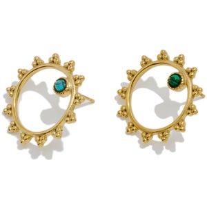 Steel Sunflower Stud Earrings, Dainty Natural Stone Ear Post, Stainless Steel Blue Turquoise Green Malachite Post Ear, 18K Gold Tone Plated