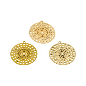 May include: Three gold-coloured metal circles with a circular pattern of holes. The circles are approximately 5 cm in diameter.
