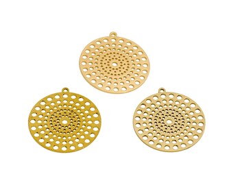 Pendientes redondos con dijes cortados con láser, colgante de latón crudo con burbujas huecas y puntos, pulido a mano, chapado en oro real de 18 quilates, 36,88*33,88*0,92 mm