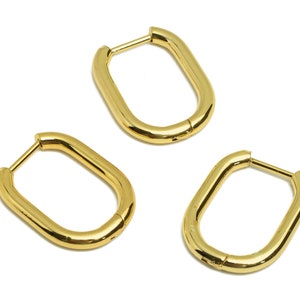 Gold Oval Rectangle Hoop Earring, Steel U Shaped Ear Hoops, Stainless Steel 316 Stud, Huggie Hoop Earring, Gold Tone Plated VK1706