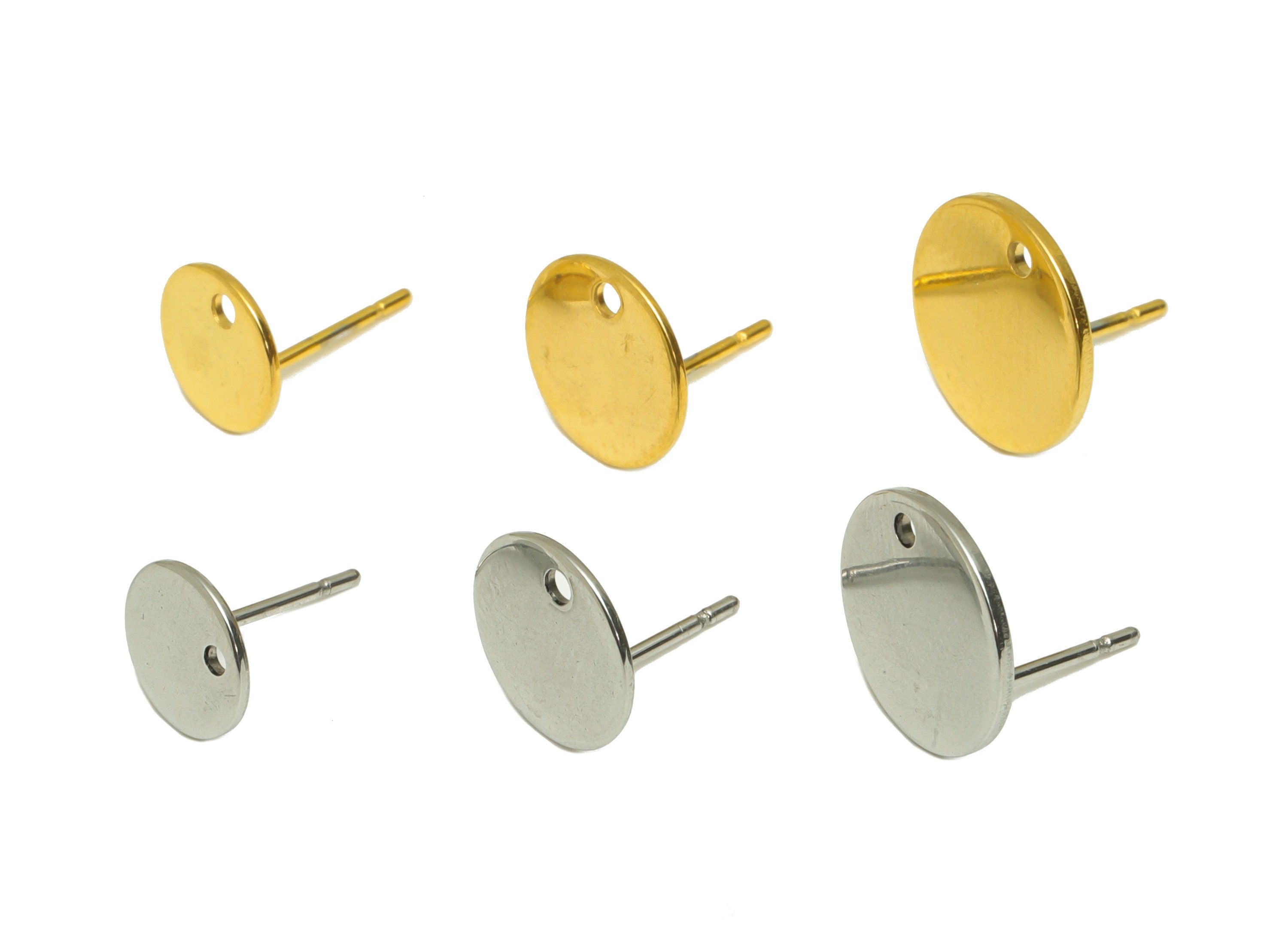 304 Steel Round Stud Earrings, 316 Stainless Steel Stud, Mirror Round Earring Post, Round Post With Hole, Gold Tone Plating, Hole Findings