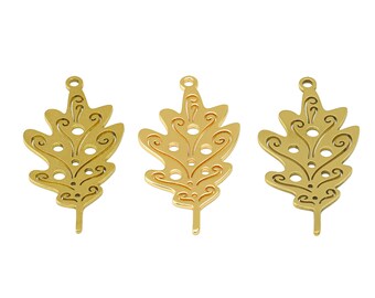 Botanical Laser Cut Earring Charms, Abstract Oak Cut Out Charm, Raw Brass Gold Oak Charm With Dot, Handmade Polishing, 18K Gold 31*15*0.67mm