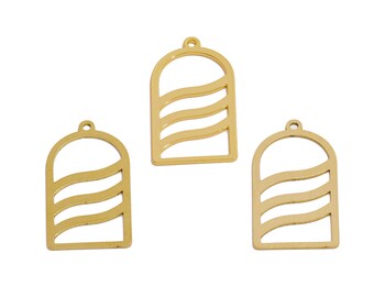 Long Domed Lasercut Earring Charm, Raw Brass Wavy Lines Geometric Pendant, Handmade Polishing, 18K Real Gold Plated, Jewelry DIY 30*16*0.7mm