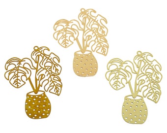 Raw Brass Monstera Flower Pot Earring, Bubbles Potted Plant Earring Charm, Nervure Rib Leaf Pendant, Plant Charm, Earring Findings  FB6853