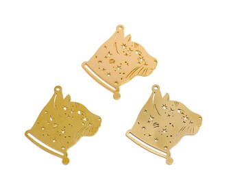 Cat Lasercut Earring Charms, Raw Brass Star Hollow Cat Head Animal Pendant, Handmade Polishing, 18K Real Gold Plating DIY 26.8*25.61*0.7mm