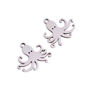 May include: Two silver-colored octopus charms with a small loop at the top for hanging. Each charm has eight curly tentacles and two small dots for eyes. The charms are on a white background.