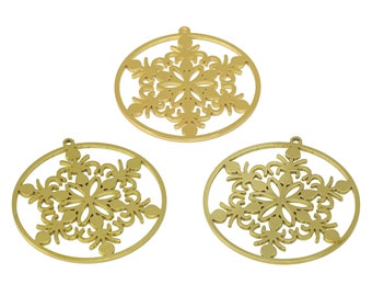 Pingente de brinco em forma de floco de neve cortado a laser, pingente abstrato redondo de neve, polimento artesanal, pingente totem místico em latão bruto, ouro 18K, 36*24*0,87 mm