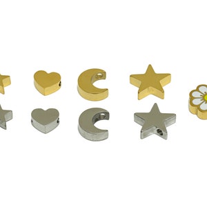 Celestial Cubic Bead, Mini Bracelet Charms, Stainless Steel Spacer Beads, Star Moon Heart Beads, Steel Dainty Flower Bead, Gold Tone Plating