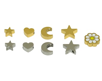 Celestial Cubic Bead, Mini Bracelet Charms, Stainless Steel Spacer Beads, Star Moon Heart Beads, Steel Dainty Flower Bead, Gold Tone Plating