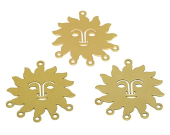 Sun Face Lasercut Earring Connectors, Sunshine Necklace Connector, Raw Brass Gold Face Pendant, Handmade Polishing, 18K Gold 31.8*28*0.6mm