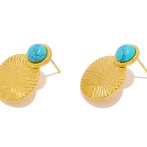 Steel Round Stud Earrings, Textured Circle Natural Stone Earring Post, Stainless Steel Blue Turquoise Post Earrings, Gold Tone Plated VK2123