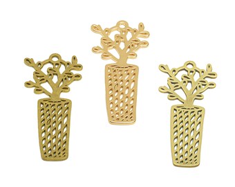 May include: Three gold metal charms in the shape of potted plants. Each charm features a stylized tree with leaves and a textured pot.