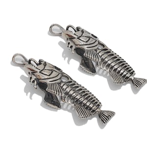 Steel Fish Charms, Textured Steel Large Fish Bone Key Ring Charms, Stainless Steel Animal Pendant, Jewelry Making 77.68*29.56*17.8mm BSX2009
