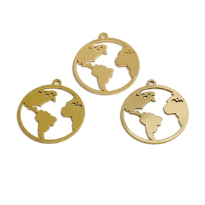 18K Gold Weltkarte Ohrring Charme, Karte im runden Ohrring, Rohmessing Hohlcharme, Messingohrringzubehör, Schmuckherstellung Lieferungen VW537