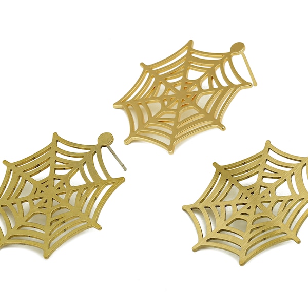 Spider Web Lasercut Earring Stud, Raw Brass Spider-Man's Web Charm, Stainless Steel Stud Charm, Handmade Polishing, 18K Gold 37*35*0.77mm