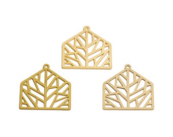 May include: Three gold metal charms in the shape of a house with a geometric tree design. The charms are cut out and have a hole at the top for hanging.