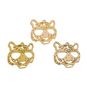 Tiger Lasercut Earring Charms, Raw Brass Tiger Wearing Glasses Animal Pendant, Handmade Polishing, 18K Real Gold Plating DIY 28.5*24*0.7mm