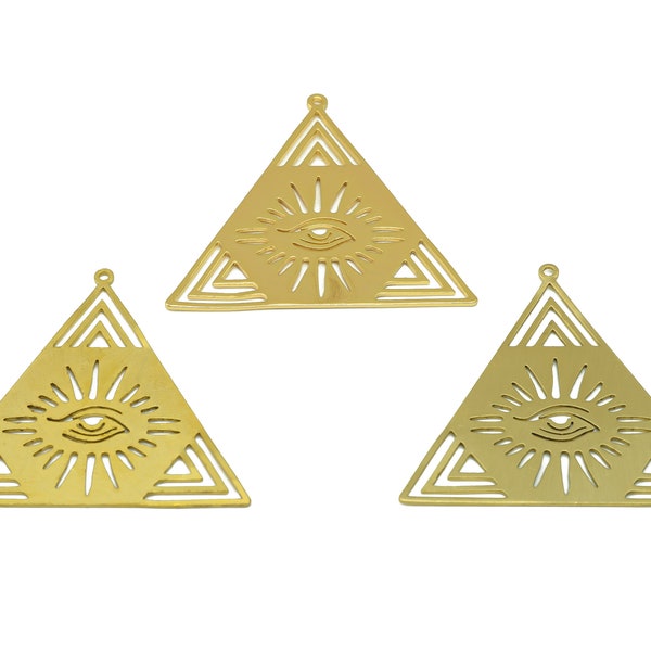 Triangle Lasercut Earring, Mysterious Ancient Eye Of Ra Charms, Raw Brass Egyptian Pyramid Charm, Handmade Polishing, 18K Gold 41*44*0.77mm