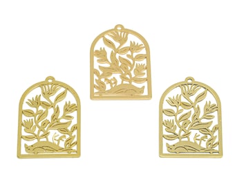 2pcs Raw Brass Flower Garden Charm, Domed Dove Bird Earring Charm, 18K Gold Botanical Pigeon Charm, Bird Earring Charm, Supplies VW343