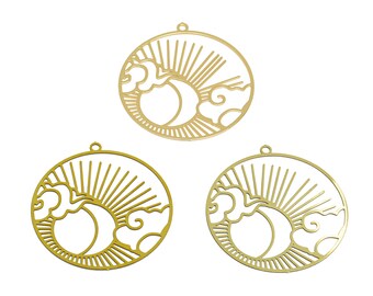 May include: Three gold metal circular charms with a sun and clouds design. The charms are cut out and have a hole at the top for hanging.