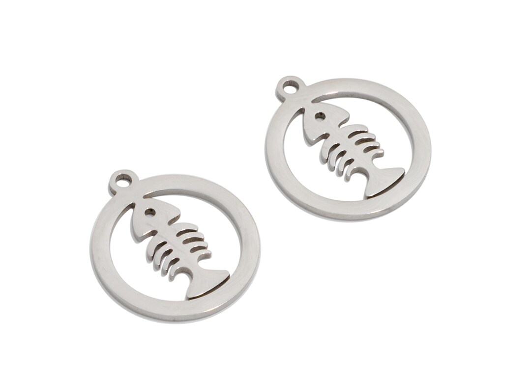 Fishbone Hollo Steel Fish Charms, Fish in Circle, Hollow Fish Bone Charm, Stainless ...