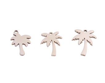 May include: Three silver palm tree charms with a hole at the top for hanging. The charms are in the shape of a palm tree with a trunk and leaves.