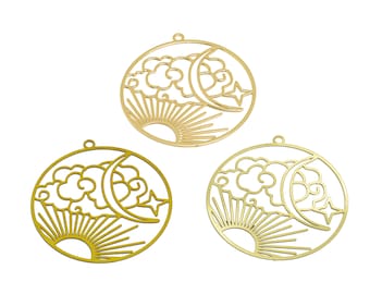 May include: Three gold metal charms in the shape of a circle with a crescent moon, sun, and clouds design.