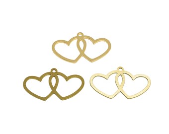 Hart Lasercut Earring Charms, Raw Brass Love Double Heart Ring Hanger, Handgemaakt polijsten, 18K echt verguld, Sieraden 34,8 * 21,3 * 0,76 mm