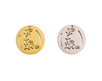 Steel Oval Lasercut Charms, 316 Stainless Steel, Elegant Hollow Flower Leaf Nature Charms, Steel Jewelry, 18K Gold Plated 21.62*17.8*0.98mm
