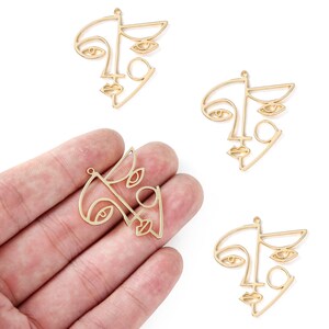 Abstraktes Frauen Gesicht, Künstlerische Porträt Lasercut Ohrring, Roh Messing Hohl Gesicht Charme, 18K Echtgold 32.51 * 29.67 * 1.26 mm Polished & 18K Gold