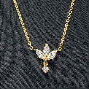 Celebrity Style Large Engraved Diamond Lotus with Diamond Dangle Necklace 14K Solid Gold Lotus Necklace Pretty Diamond Necklace For Women