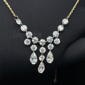 Celebrity Style Floating Diamond Necklace Round And Pear Drill Diamond Necklace 14K Solid Yellow Gold Necklace Dainty Bridal Necklace