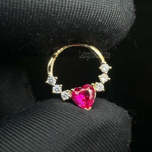Bella Solid Gold with Pink heart diamond clicker Heart Diamond Daith Earring Hoop 16G Hinged Daith Clicker Cartilage Hoop Earrings