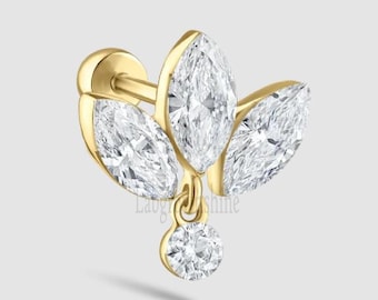 Pendiente de botón con forma de loto y diamantes marquesa en oro de 14 quilates: perforación Daith Helix