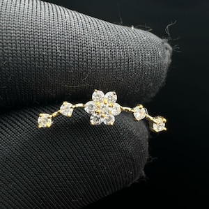 14K Solid Gold Diamond Flower Ear Climber, Curved Flower Climber Earrings, Solid Gold Climber Earrings, Solid Gold Curved Flower Ear Crawler