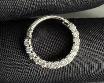 Horizontal Eternity Hoop Earring classic Lab Grown diamond eternity ring 14K Solid gold ring for Septum and Daith piercings Nose Ring Women