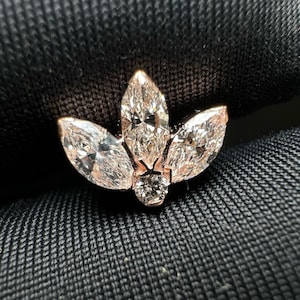 Diamond Engraved Lotus Threaded Stud Invisible Set Diamond Lotus Stud Earring Marquise Diamond Stud Diamond Piercing For Her 14K Solid Gold