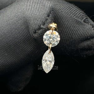 Floating Double Diamond Threaded Charm Earring 10k Gold Marquise & Round Dangle Diamond Stud Double Diamond Helix Flat Ear Set Up Stud