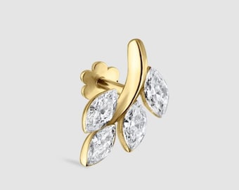 Orecchino Gioia Tiny Leaf con diamanti Marquise Orecchino Helix in oro massiccio 14K Piercing alla cartilagine Piercing Marquise con diamanti Daith (singolo)