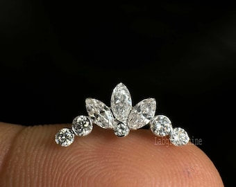 Diana&#39;s Invisible Set Lab Grown Diamond Lotus Garland Threaded Stud Earring Marquise Diamond Stud 14K Solid Gold Women Cartilage Earring