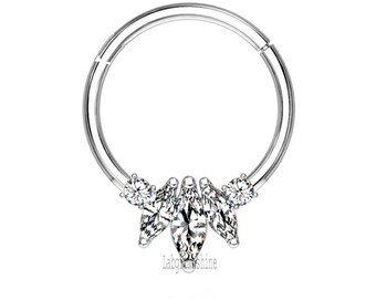 14K White Gold Diamond Daith Earring: Marquise Septum Clicker