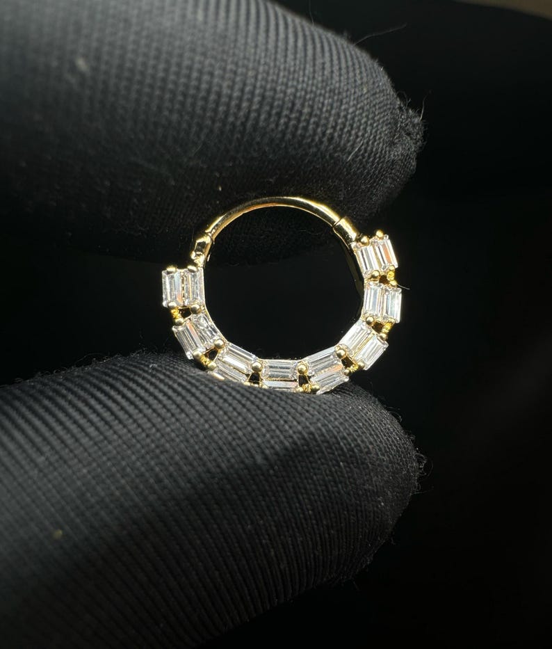 14k Gold Baguette Diamond Septum Clicker: Daith Hoop Earring - Etsy