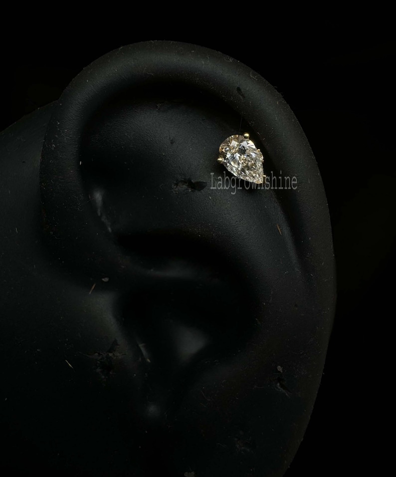 Pear Diamond Threaded Stud Earring Labgrown Diamond Daith Helix Stud External Threaded Labret Piercing Solitaire Stud For Her