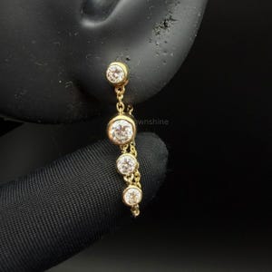 14K Gold Graduated Diamond Front Back Earrings, Lab Grown Diamond Bezel Drop Stud, Jacket Chain Earring, Dainty Minimalist Earring