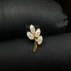 Gioia Tiny Leaf With Marquise Diamond Earring 14K Solid Gold Leaf Helix Earring Cartilage Piercing Marquise Diamond Daith Piercing (Single)