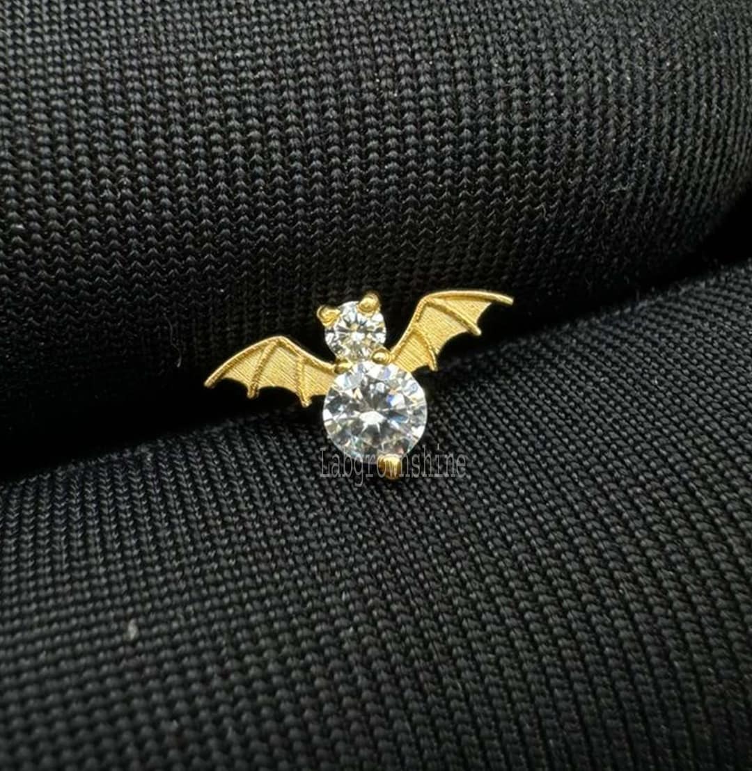 14k Yellow Gold Bat Piercing Flying Bat Helix Stud Earring Diamond Bat ...