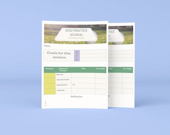 Puede incluir: Un diario de práctica de golf imprimible con un gráfico de bola de golf verde y blanca. El diario incluye secciones para la fecha, objetivos, calentamiento, práctica técnica, práctica variada, enfriamiento, taladro, número de bolas y reflexión.